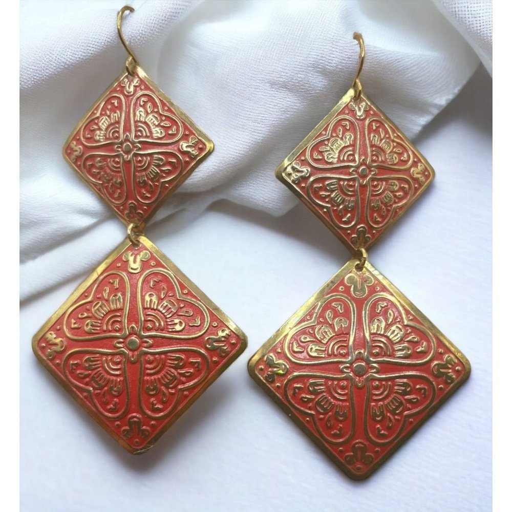 Allison Reed Floral Earrings Vintage Gold Tone Red Square Dangle Embossed